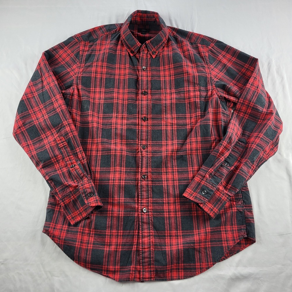 J. Crew Men's Button Down Shirt Plaid Red Black Cotton Medium Long Sleeve Pocket